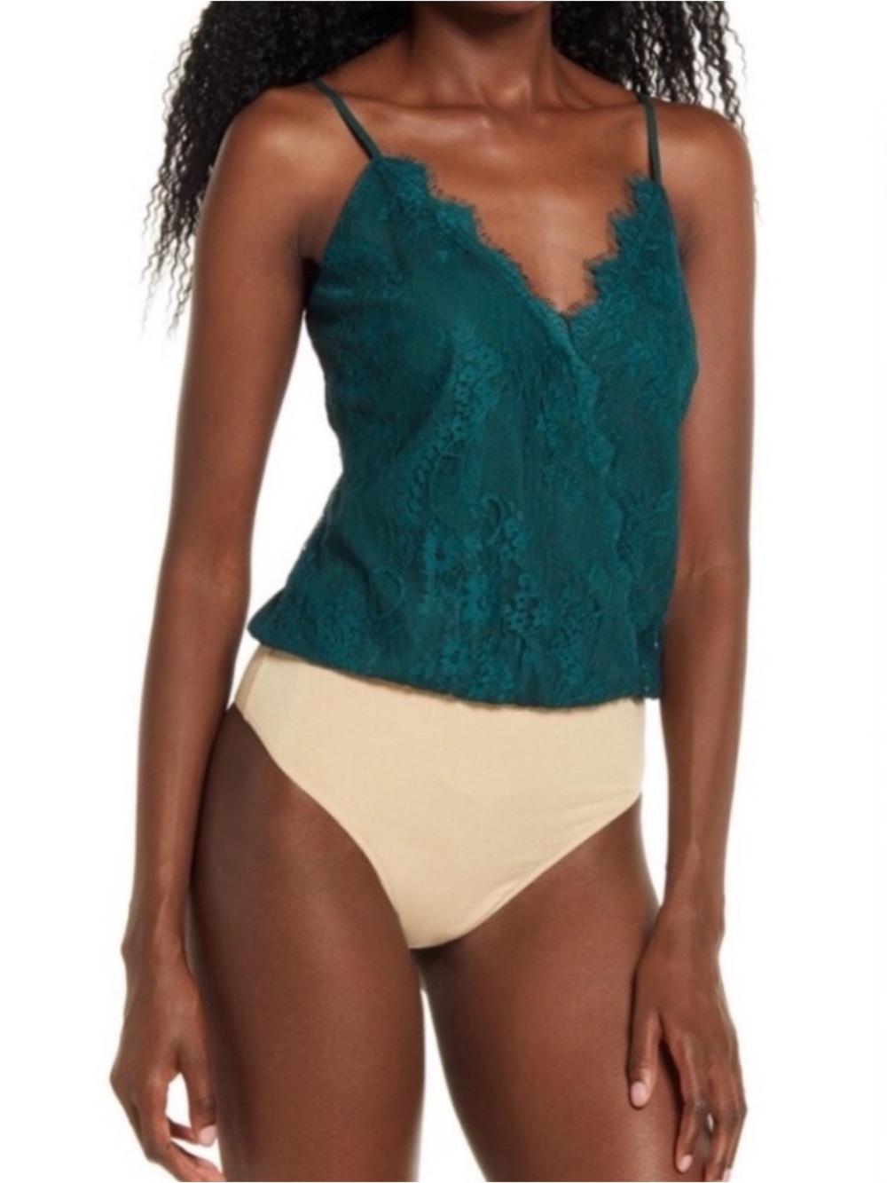 New Wayf Dede x Emily Natalie Dark Green Lace Overlay Bodysuit Size XS